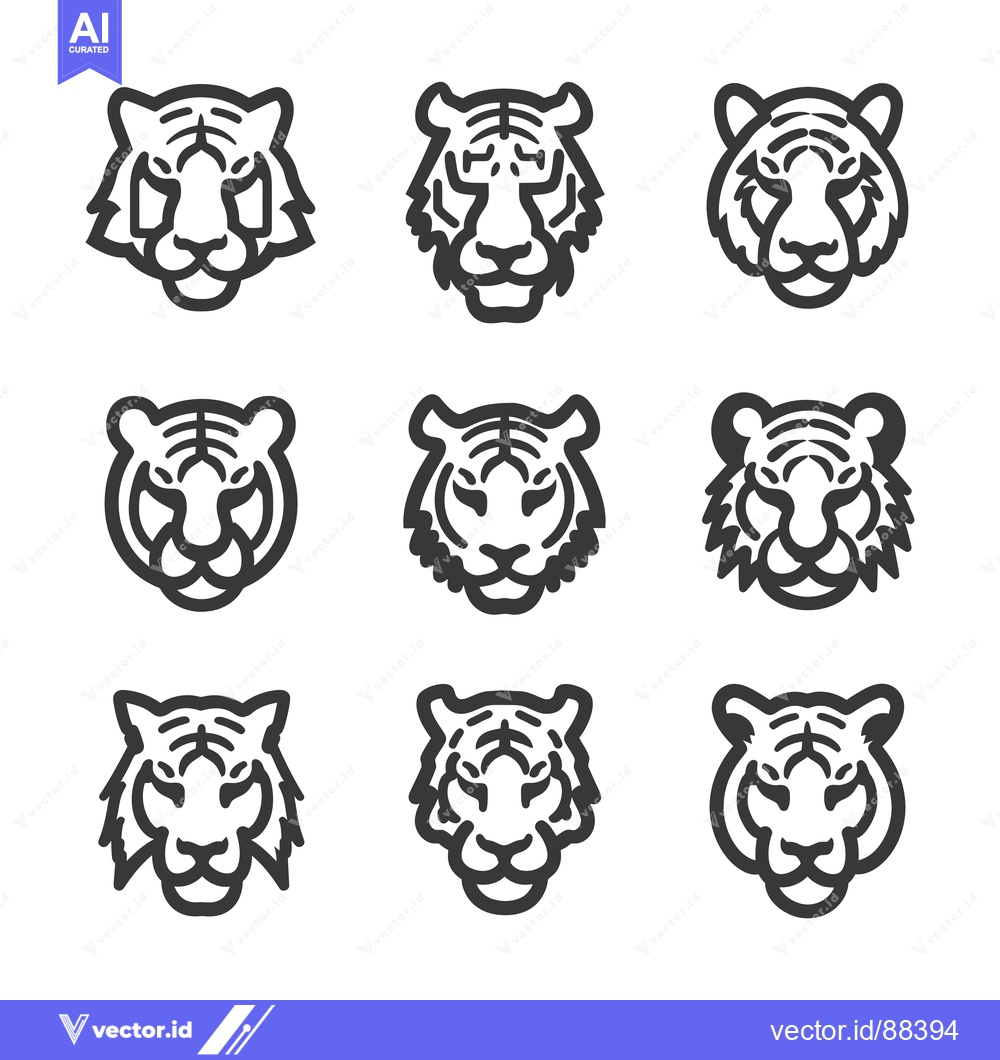 Premium Vector of Nine stylized black and white tiger head illustrations