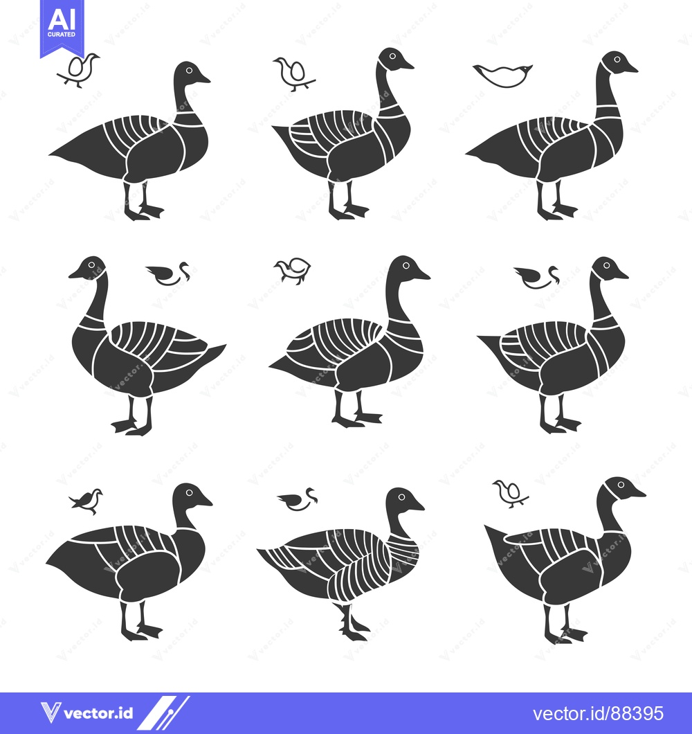 Premium Vector of Nine Stylized Black Goose Silhouettes with Small Bird Icons