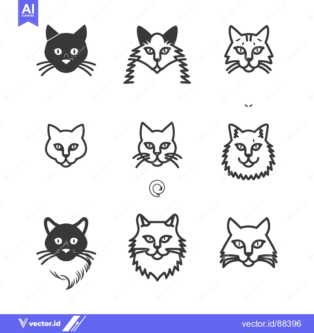 Premium Vector dari Nine Stylized Cat Head Illustrations in Black and White