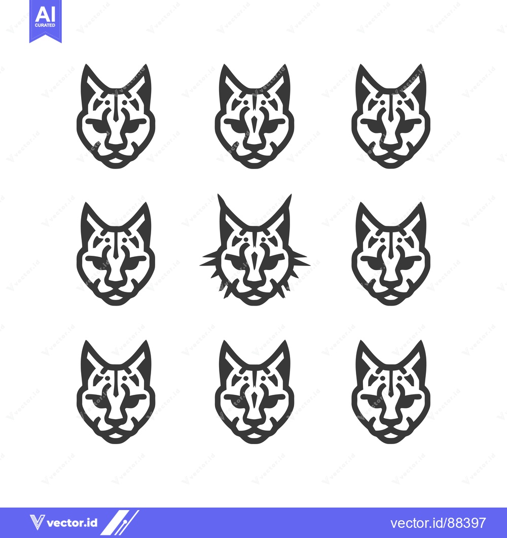 Premium Vector dari Nine Stylized Cat Head Illustrations in Black and White