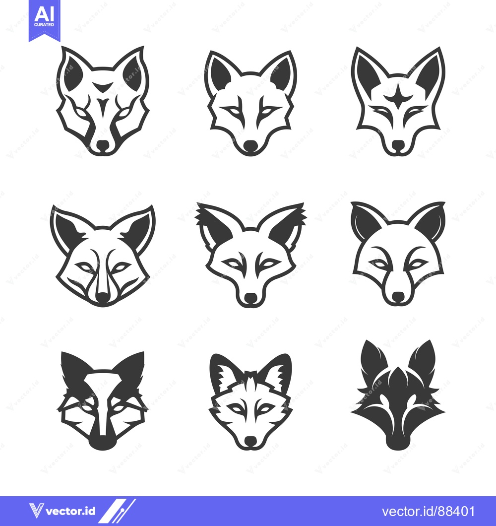 Premium Vector of Nine Stylized Fox Head Illustrations in Black and White