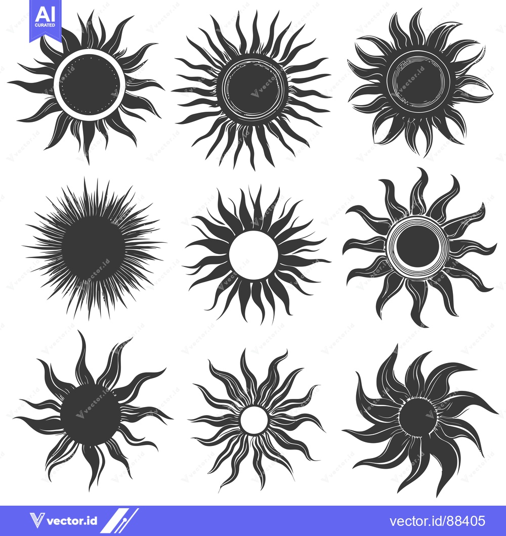 Premium Vector of Nine Stylized Sun Illustrations with Different Ray Shapes