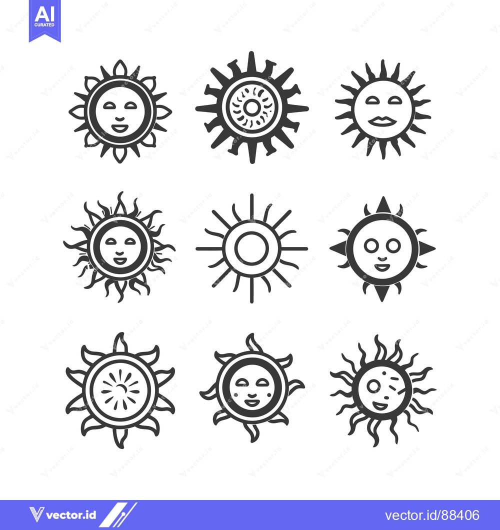Premium Vector of Nine Stylized Sun Illustrations with Various Facial Expressions and Ra