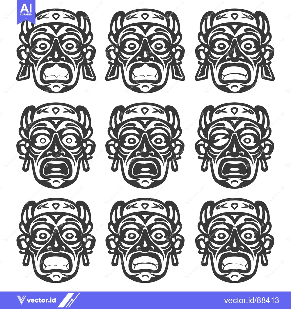 Premium Vector dari Nine Tribal Masks With Expressive Facial Expressions