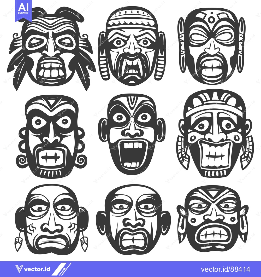 Premium Vector dari Nine Tribal Masks with Unique Designs and Expressions