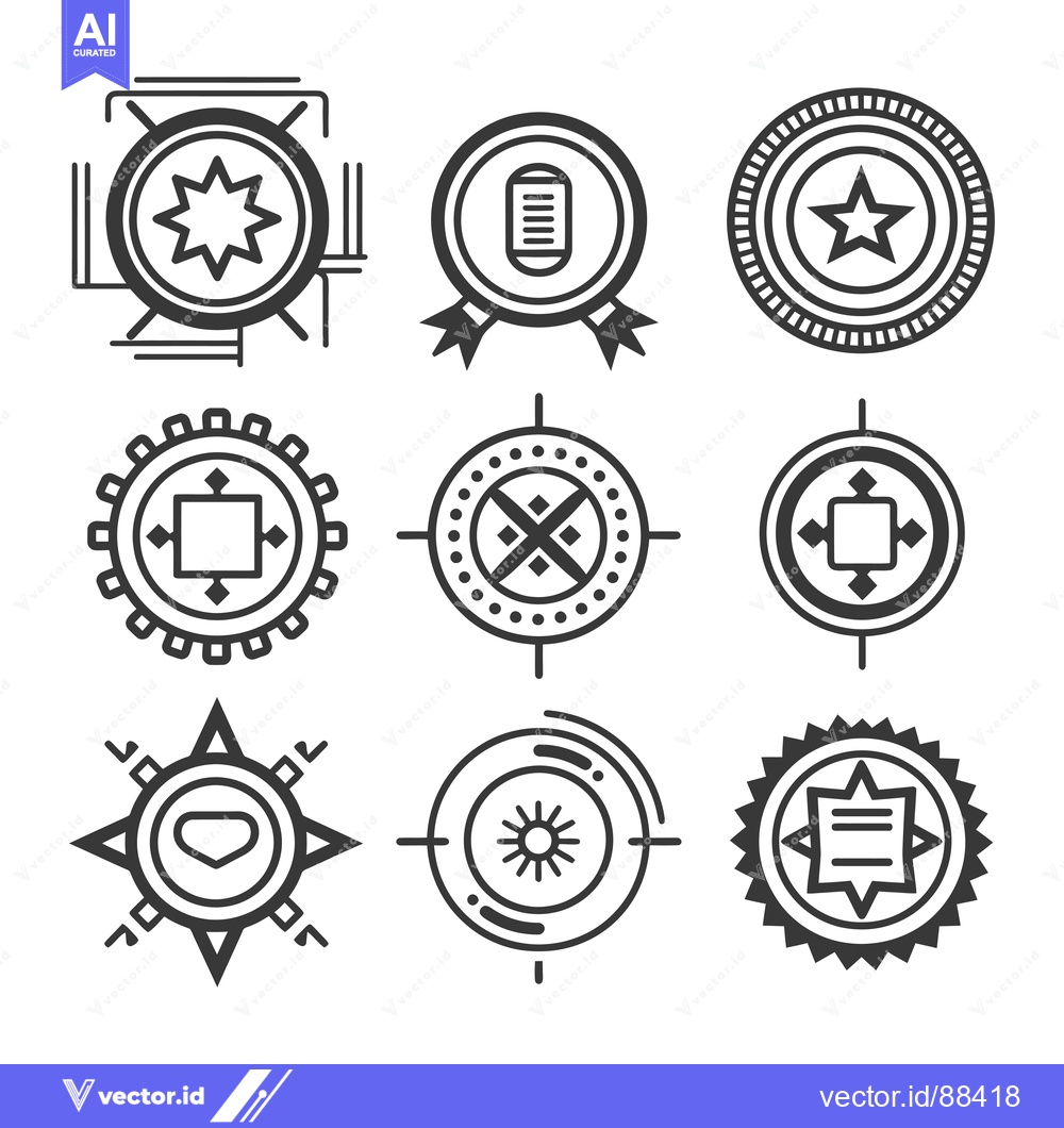Premium Vector of Nine Unique Geometric Badge Designs with Star, Diamond, and Line Symbo