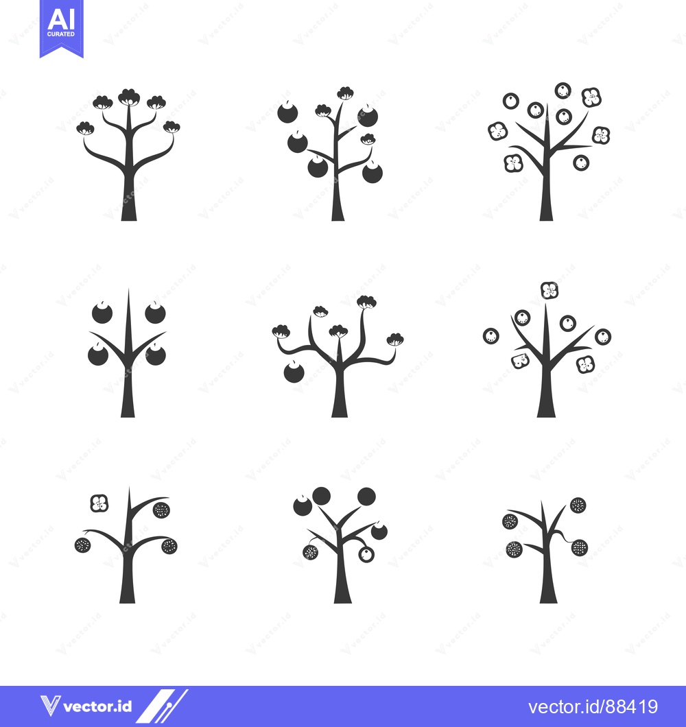 Premium Vector of Nine Unique Stylized Tree Icons with Different Fruits and Flowers