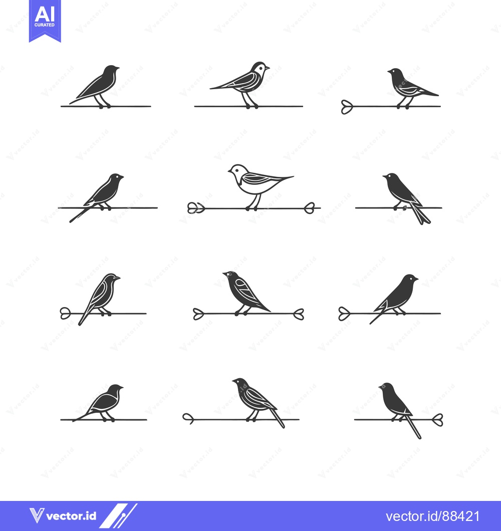 Premium Vector dari Nine Variations of a Bird Perched on a Branch with Heart-Shaped Ends