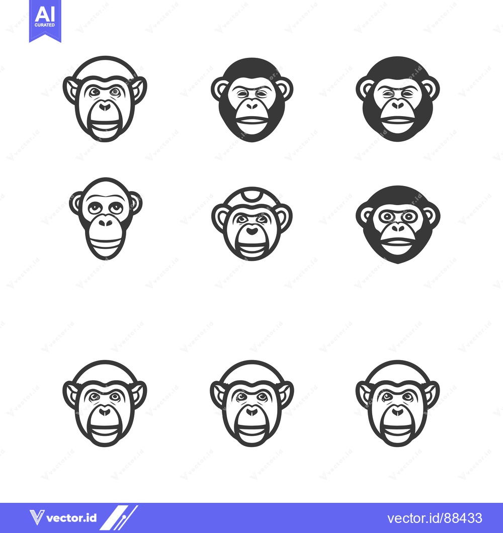 Premium Vector dari Nine Variations of a Smiling Monkey Face in Black and White