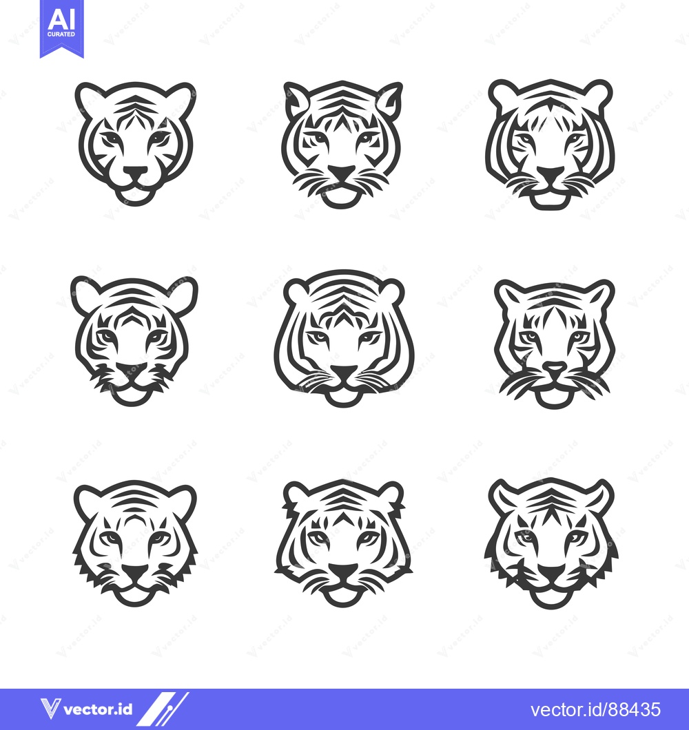 Premium Vector dari Nine Variations of a Tiger Head in Black Outline