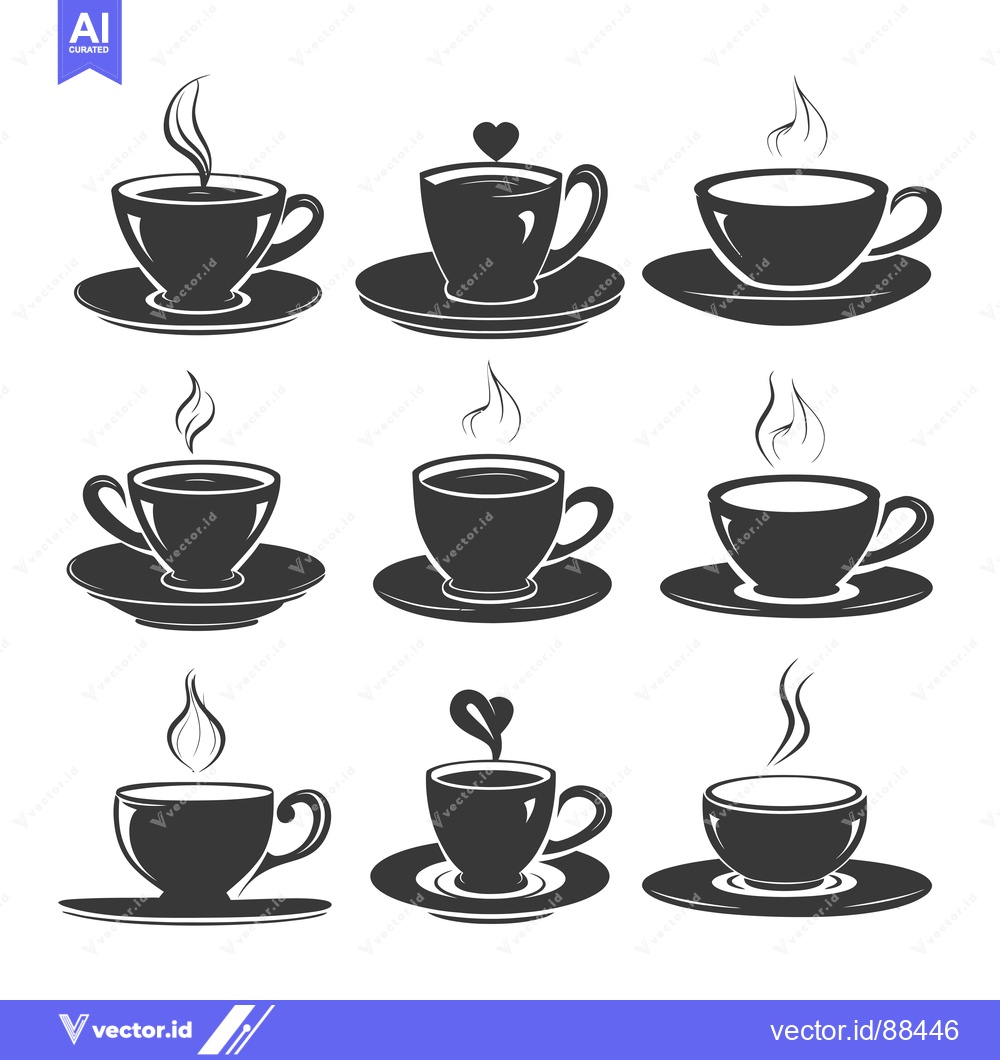 Premium Vector of Nine Vintage Black and White Illustrations of Coffee Cups with Steam