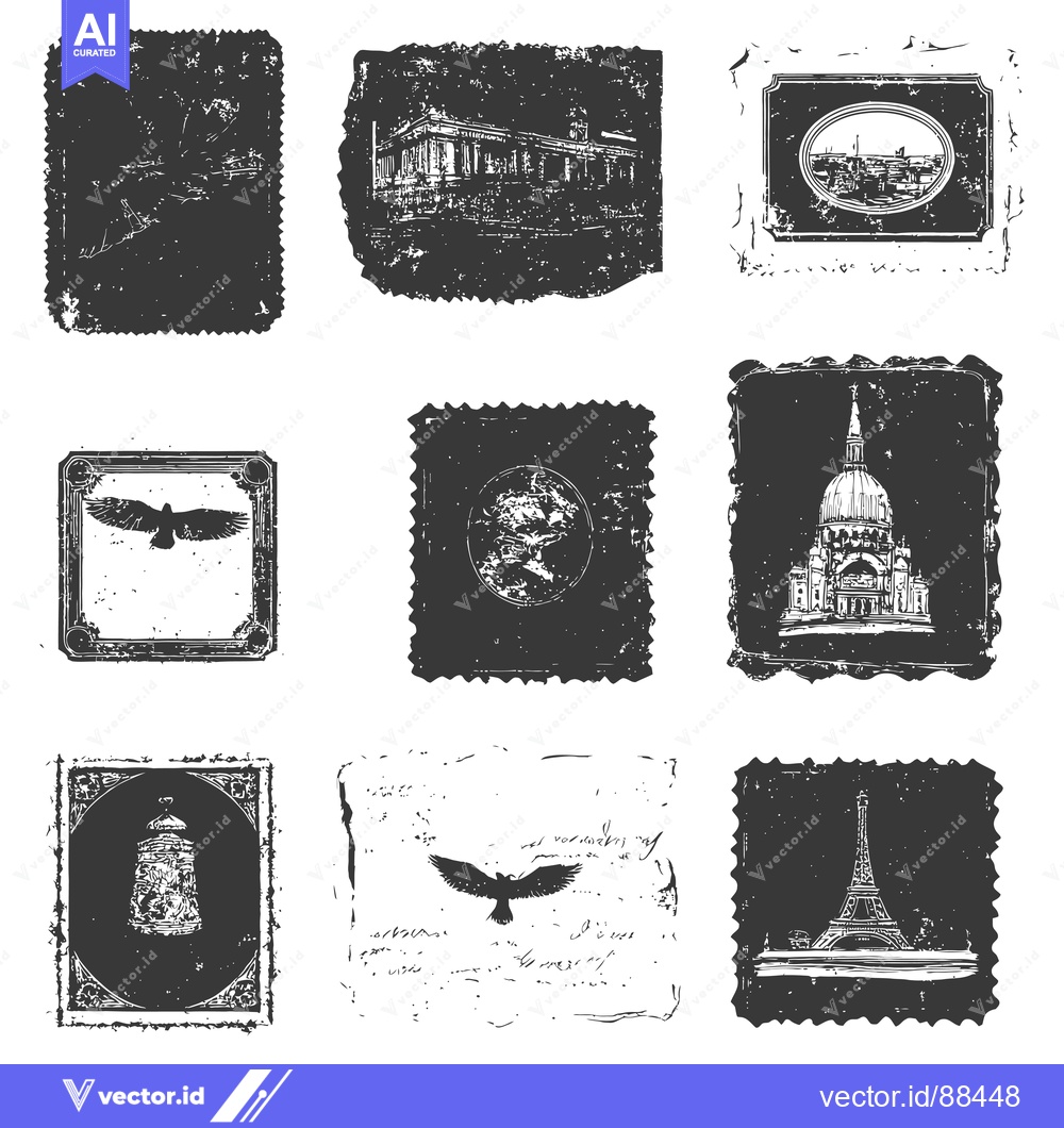Premium Vector of Nine Vintage Postage Stamps with Images of Birds, Buildings, and Lands