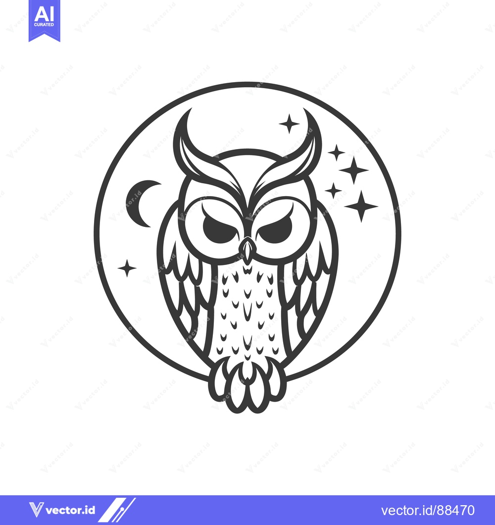 Premium Vector of A stylized black and white illustration featuring an owl and night ele