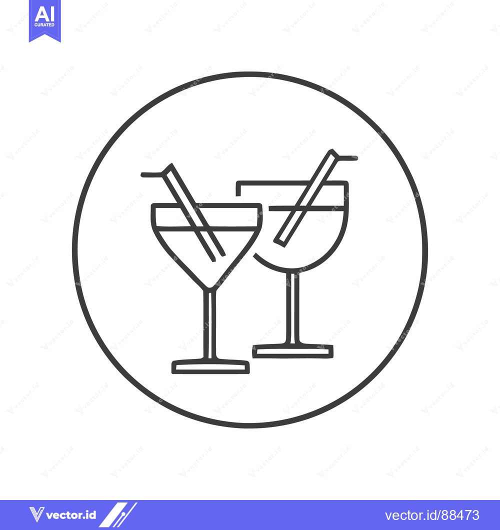 Premium Vector dari Minimalist Cocktail Glasses Icon in Circle, Black and White Line Art