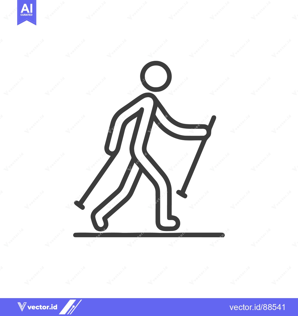 Premium Vector of Minimalist Nordic Walking Icon: Linear Figure with Poles on White Back