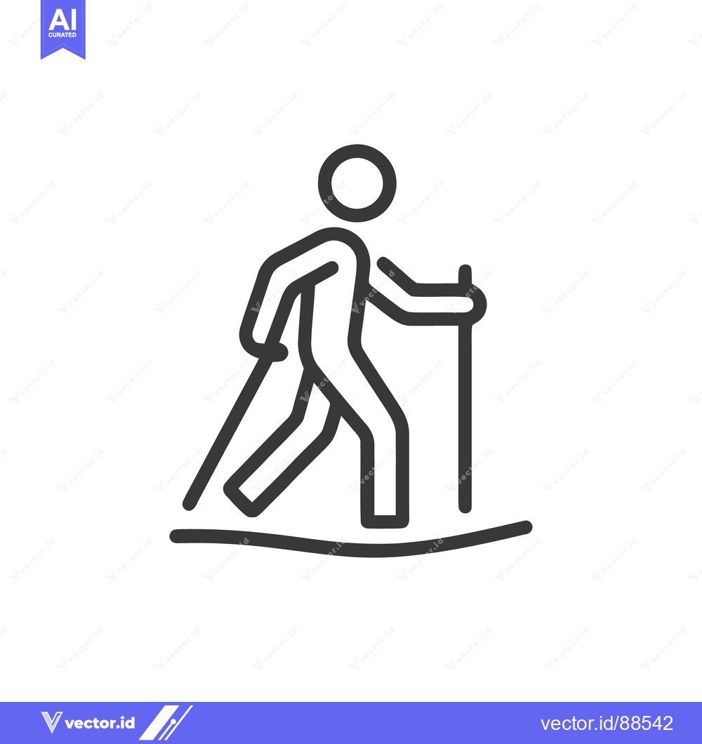Premium Vector of Minimalist Hiking Icon: Person with Poles on Trail, Vector Illustratio