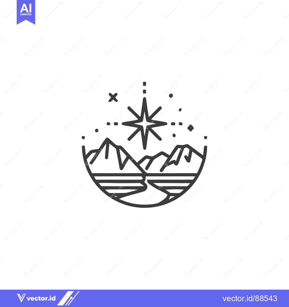 Premium Vector of Minimalist Mountain Starscape Logo Design in Black and White Line Art