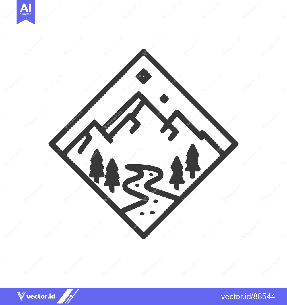 Premium Vector dari Minimalist Mountain Landscape Icon with River and Trees in Diamond Fra