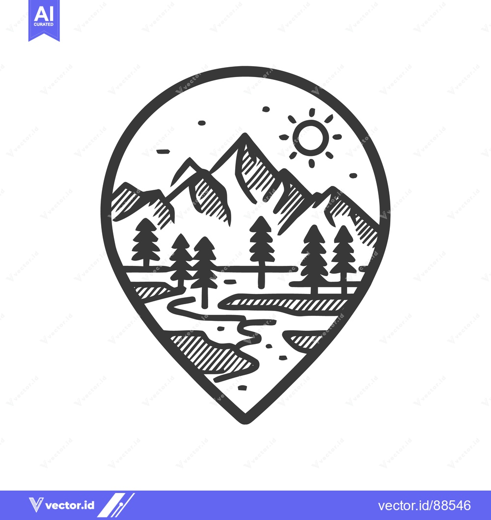 Premium Vector of Mountain Landscape in Pin Shape, Hand-Drawn Style, Black and White