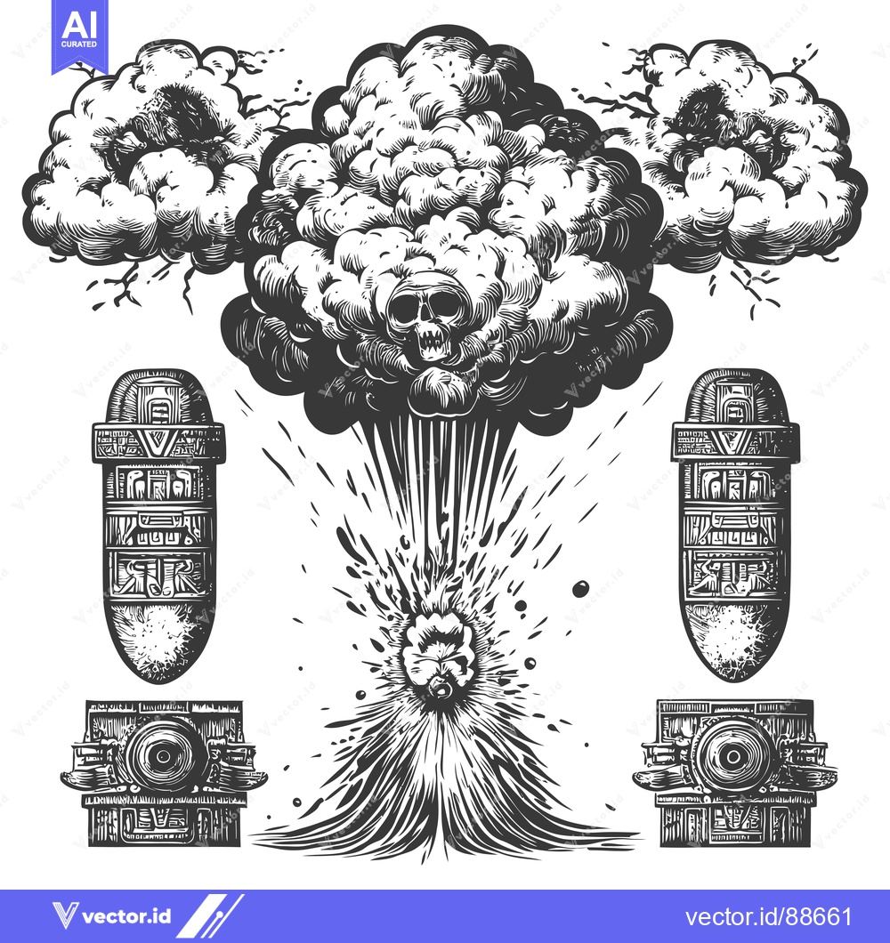 Premium Vector of Nuclear Explosion with Skull and Three Exploding Bombs