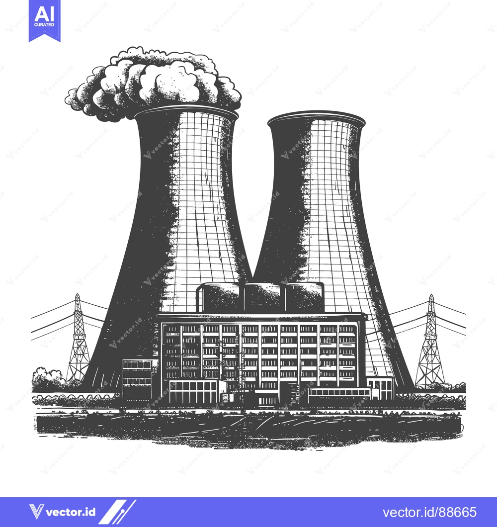 Premium Vector dari A stylized illustration depicts a large power plant complex