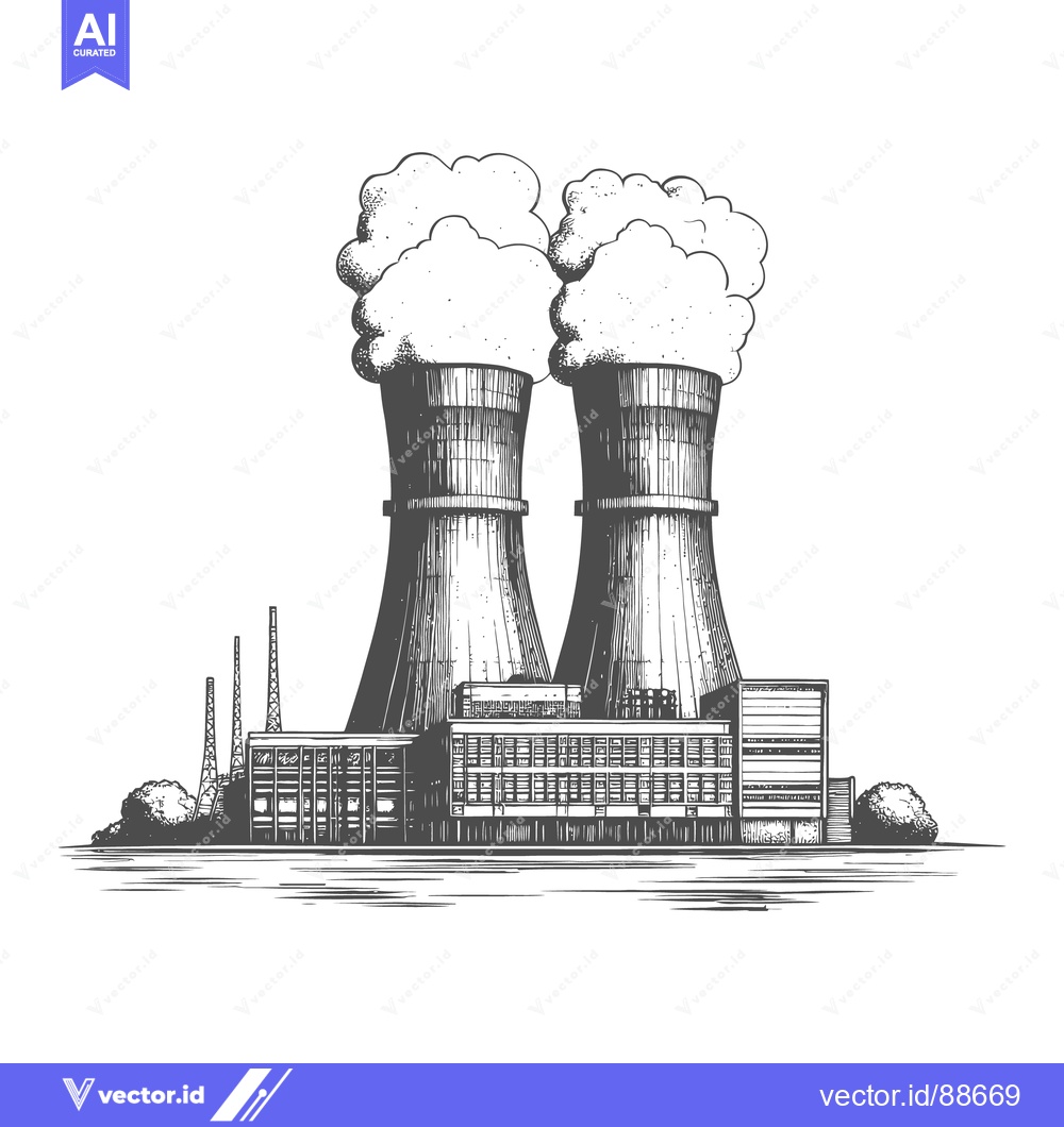 Premium Vector of A detailed monochrome illustration of a nuclear power plant