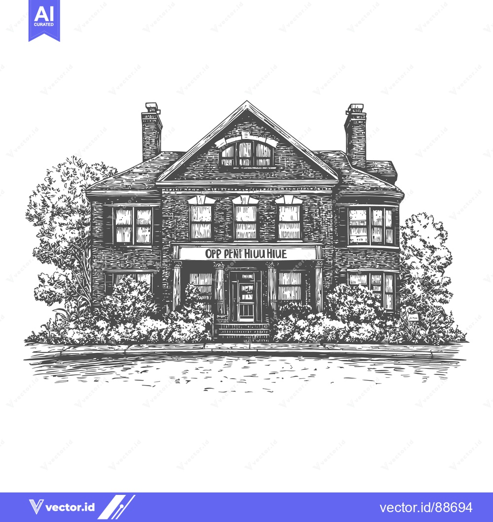 Premium Vector dari Detailed ink illustration of a stately traditional house surrounded by