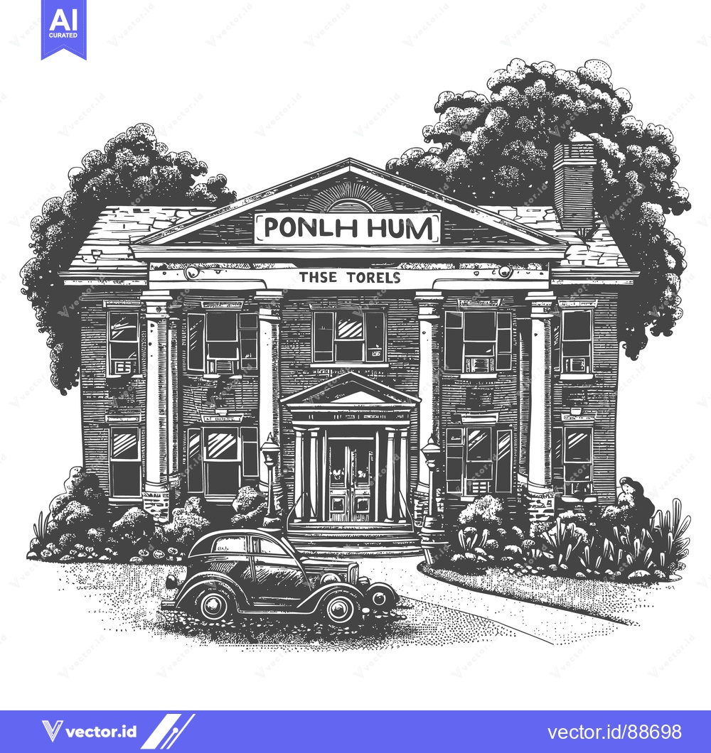 Premium Vector dari A detailed grayscale illustration depicts a classical building and aut