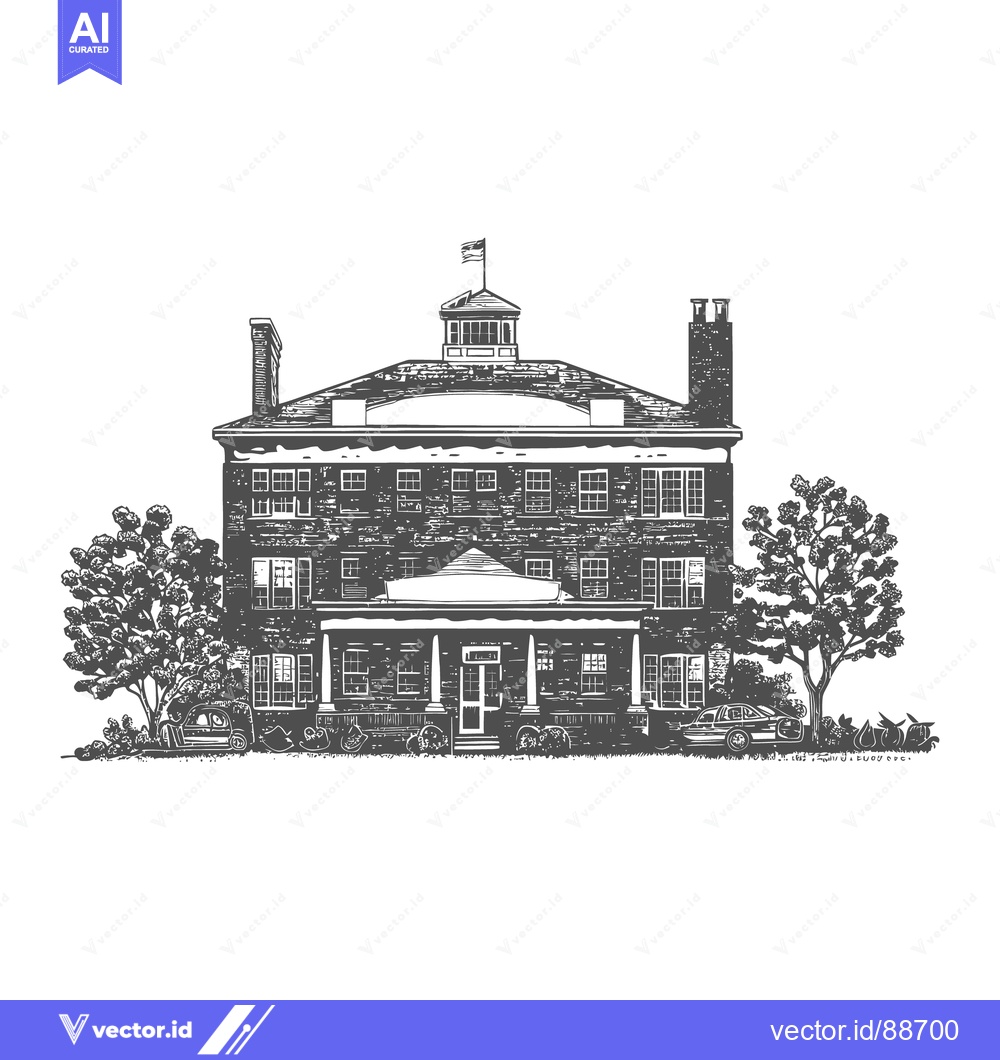 Premium Vector dari An illustration of a large brick building with trees and flag