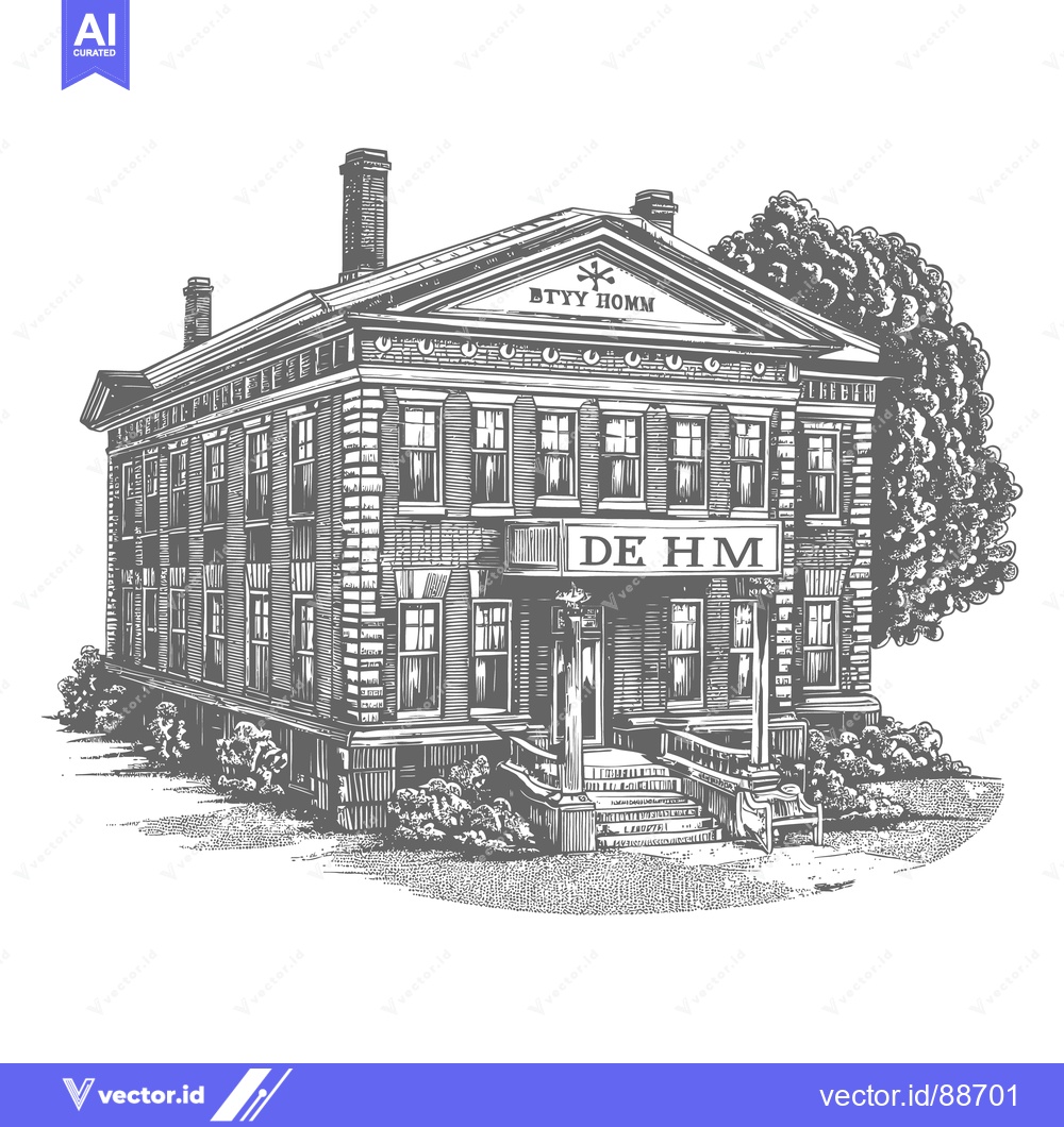 Premium Vector of An architectural illustration of a stately brick building with a tree
