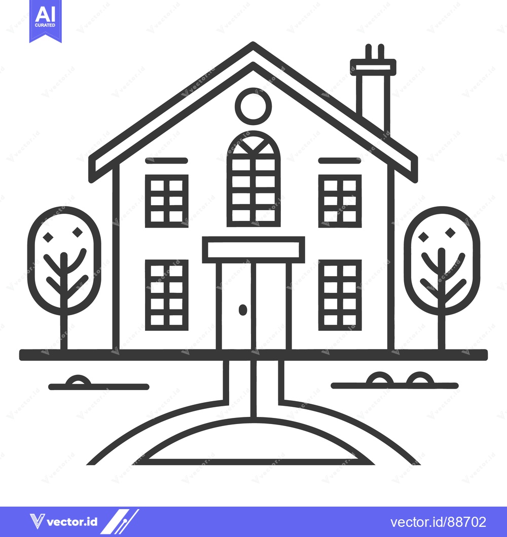 Premium Vector dari Two story house with trees and a small curved path