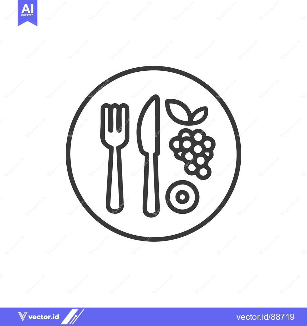 Premium Vector dari Minimalist Plate Icon with Fork, Knife, Grapes, and Leaf