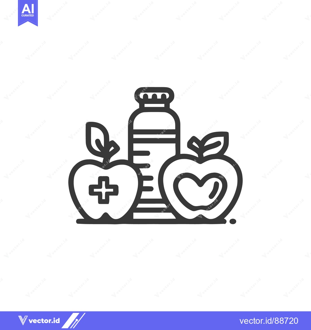 Premium Vector of Health and Wellness Icon: Apples, Medicine Bottle, Line Art