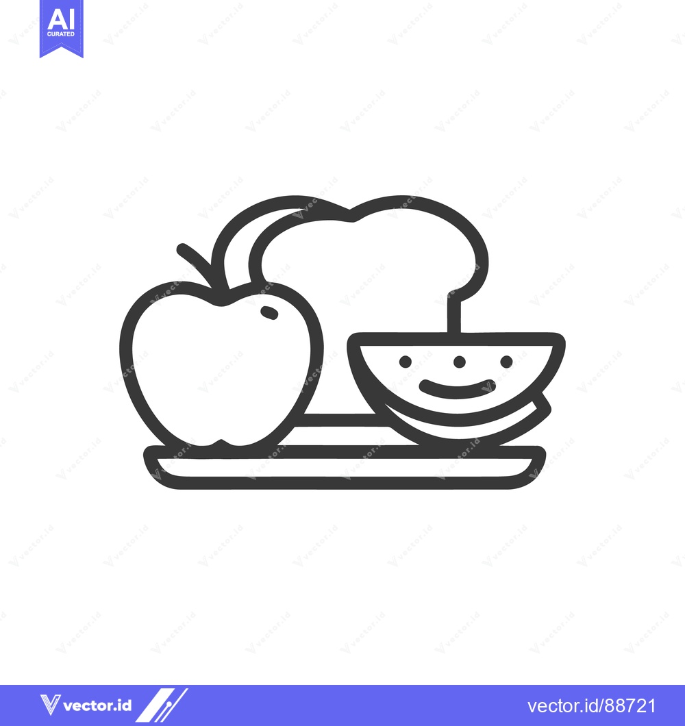 Premium Vector of Healthy Food Icon: Apple, Chef Hat, Smiling Watermelon on Plate, Line