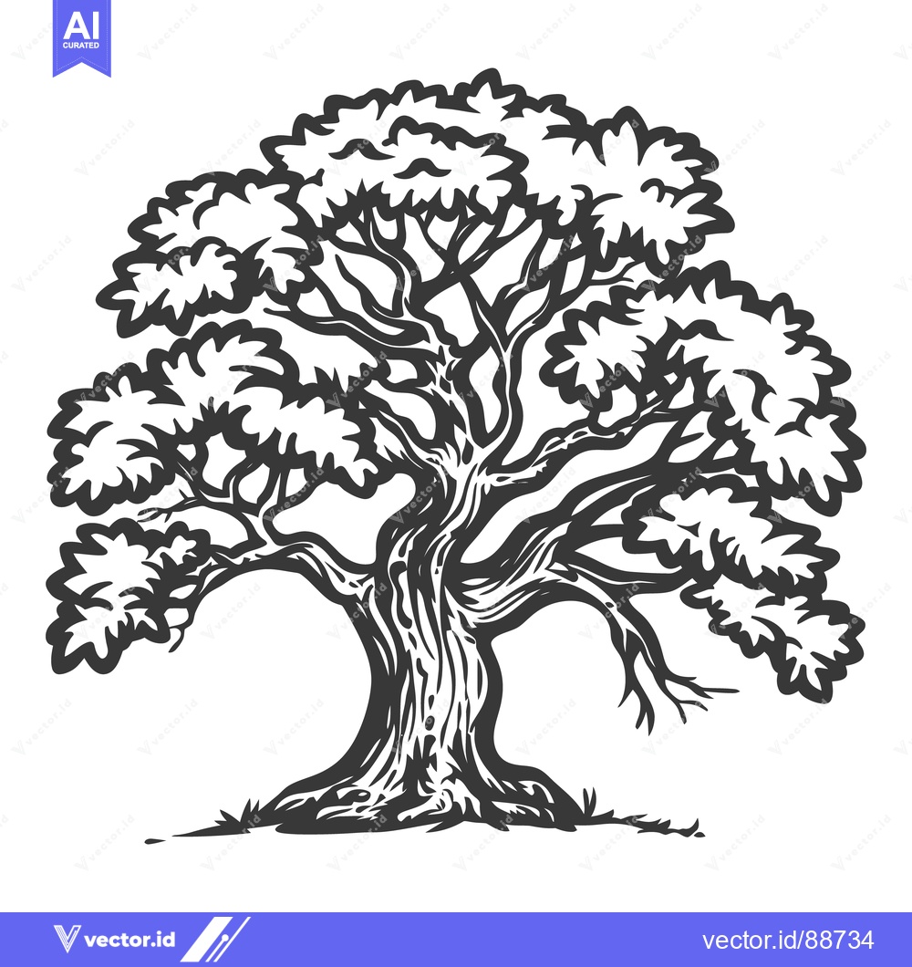 Premium Vector dari Detailed black and white image depicting a robust mature tree
