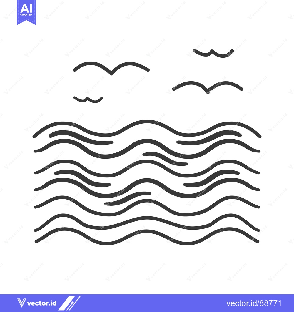 Premium Vector dari Simple line drawing depicts ocean waves and flying birds silhouettes