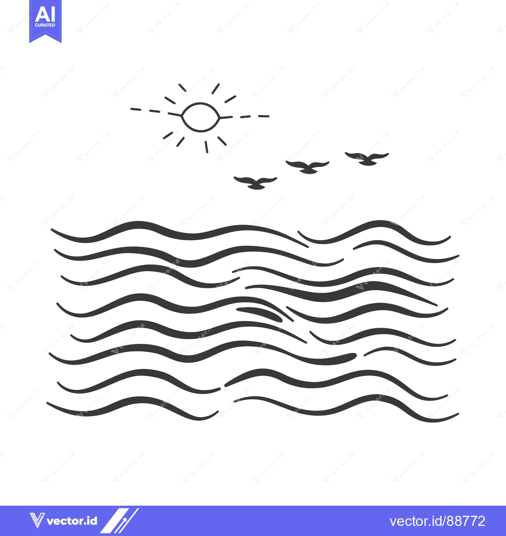 Premium Vector of Simple illustration of a sunny day over ocean waves and birds