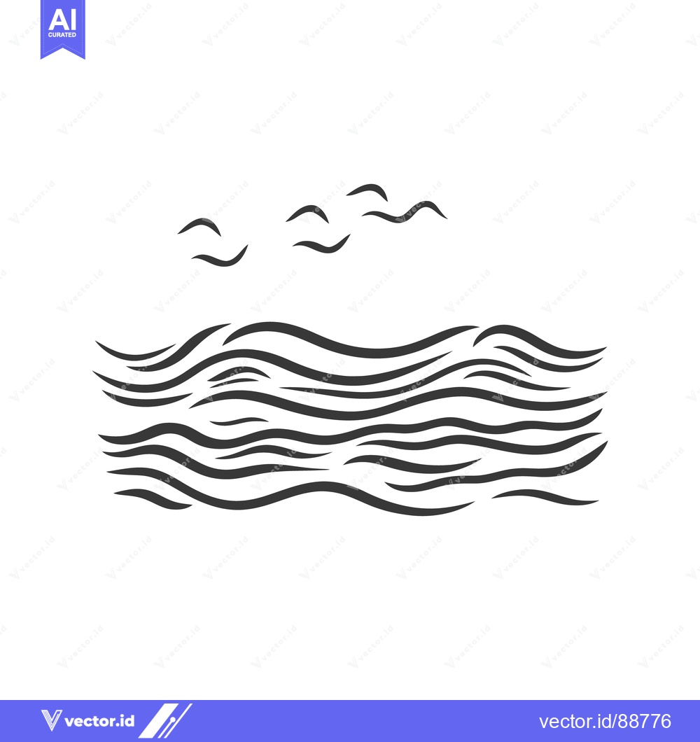 Premium Vector dari Black line drawing of waves with several flying birds above