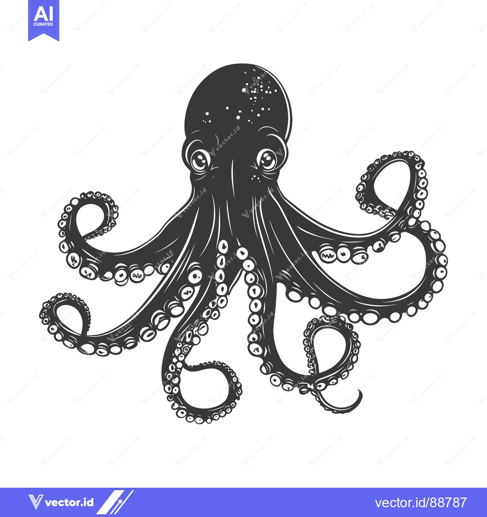 Premium Vector of Black and white illustration depicts an octopus with eight tentacles s