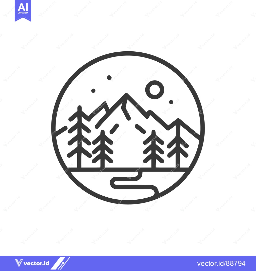 Premium Vector dari Minimalist Mountain Landscape Icon with Trees, River, and Moon in Circ