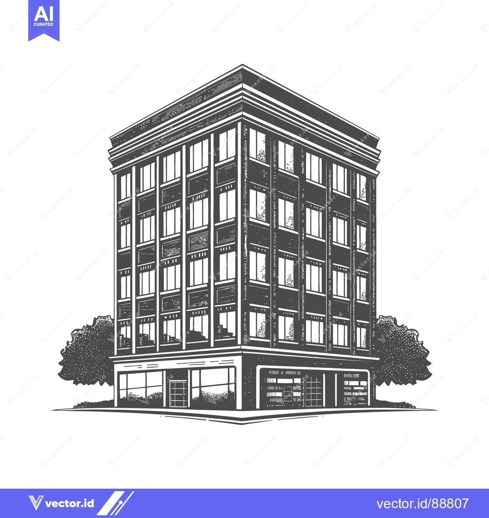 Premium Vector of A detailed black and white illustration of a tall city building