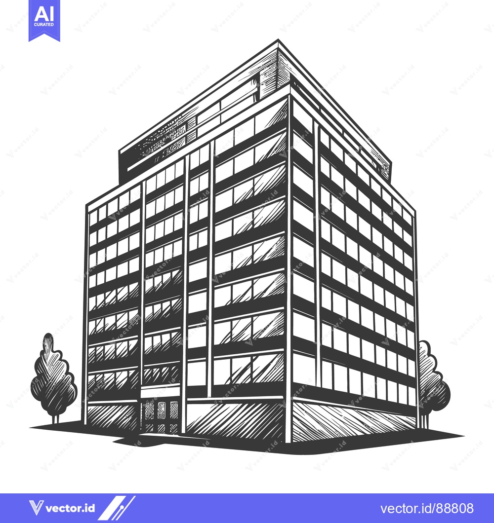 Premium Vector dari An illustration of a tall modern office building and trees