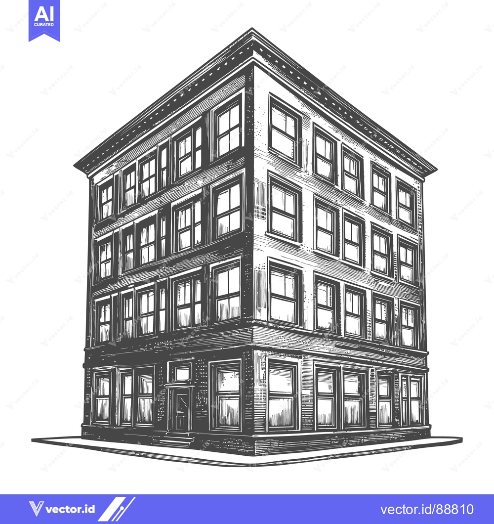 Premium Vector dari A detailed engraved illustration depicting a three story urban buildin