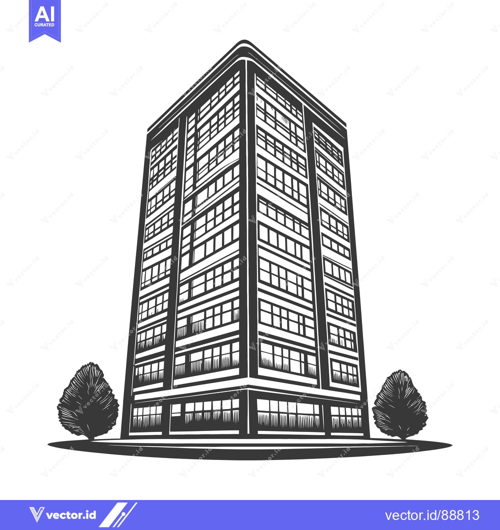 Premium Vector of A tall modern building with trees on either side of it