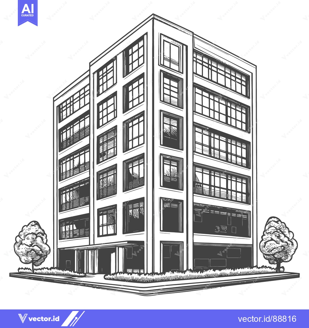 Premium Vector of A tall monochrome building illustrated with multiple windows and trees