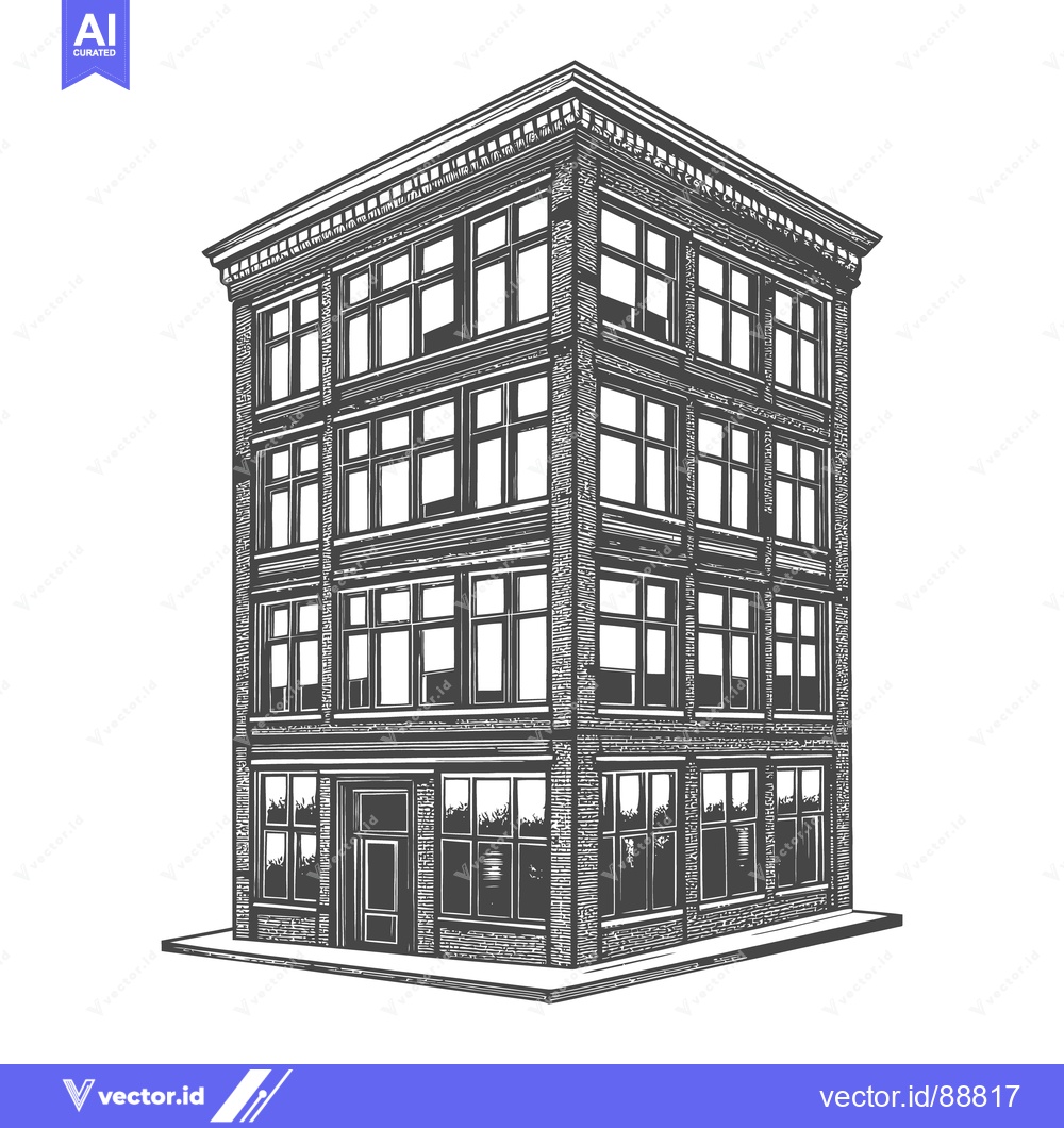 Premium Vector dari A vintage illustration depicts a four story brick building at a corner