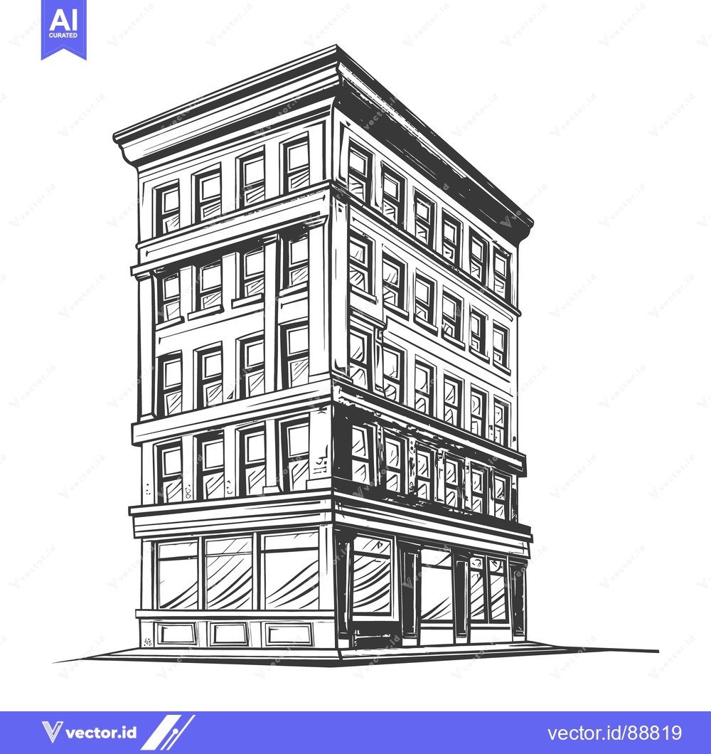 Premium Vector dari A detailed black and white sketch of a tall urban building