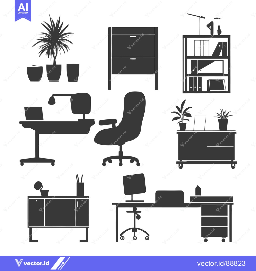 Premium Vector dari Office Furniture Silhouettes with Plants and Desk Lamps