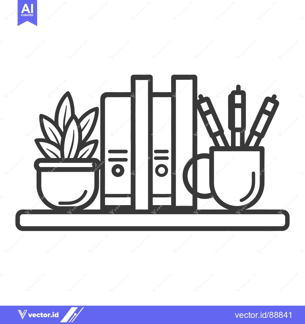 Premium Vector dari A bookshelf graphic showing books pens and potted plant display