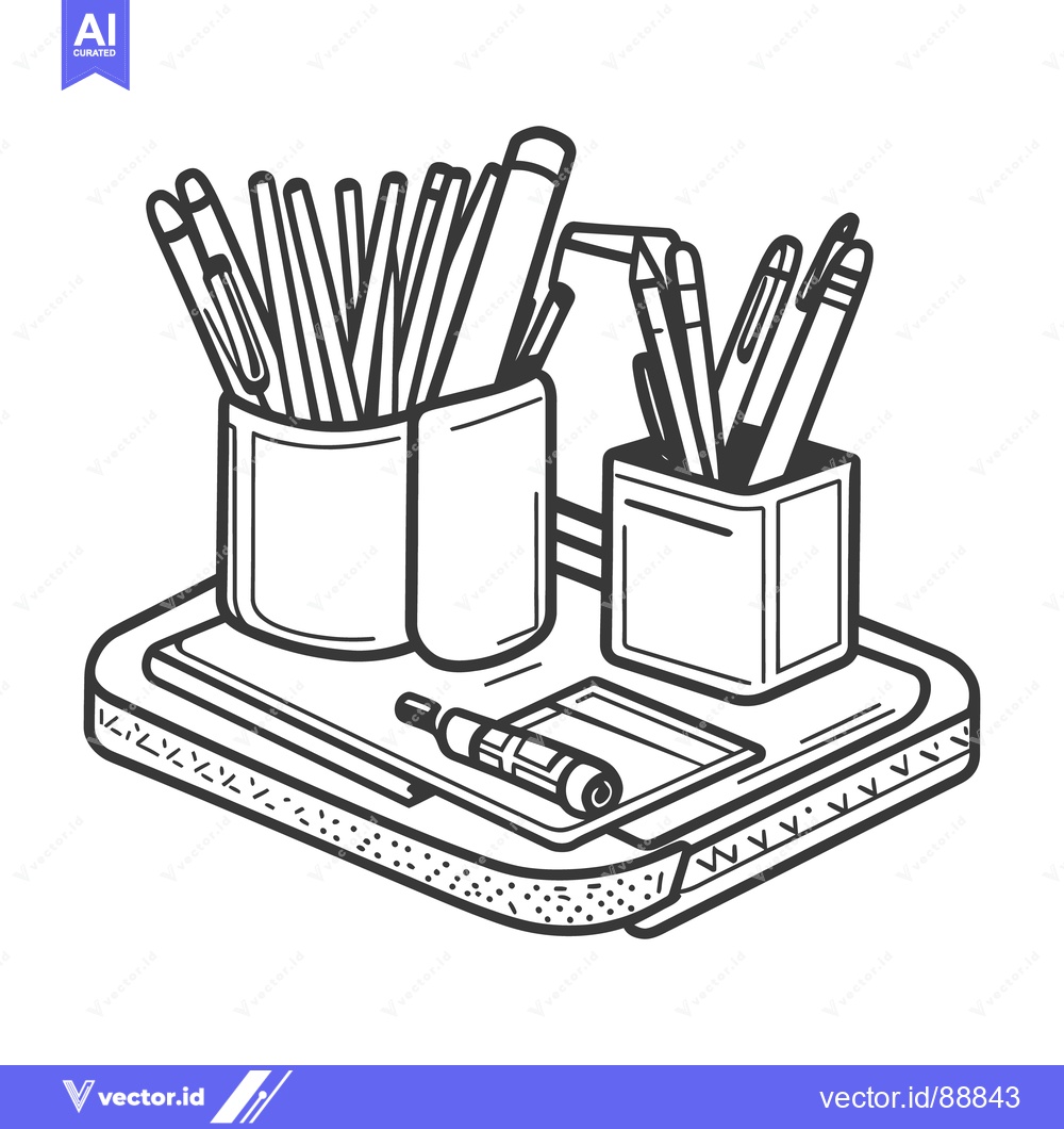 Premium Vector dari A monochrome illustration of writing tools and containers on a tray